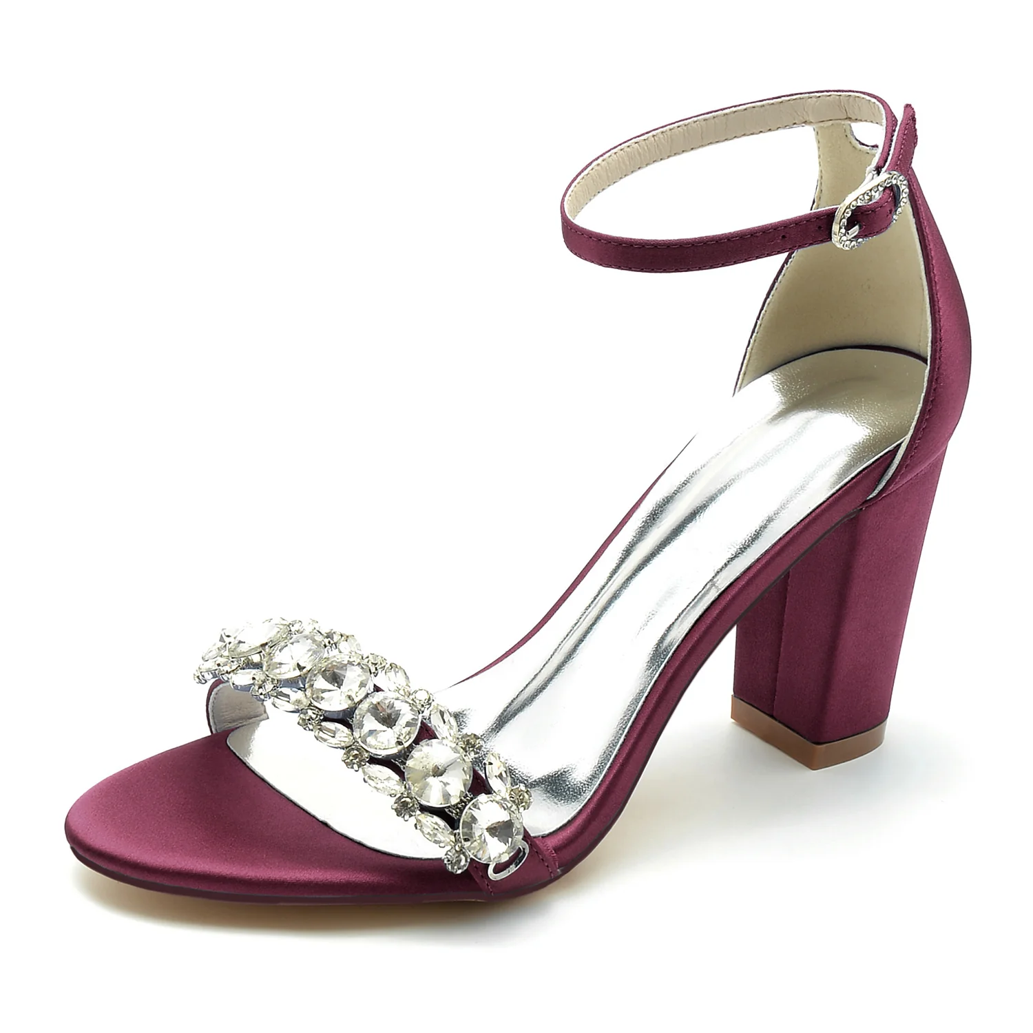Women's Wedding Shoes Silk Satin Rhinestone Peep Toe Chunky Ankle Strap Bridal Shoes - Image 11