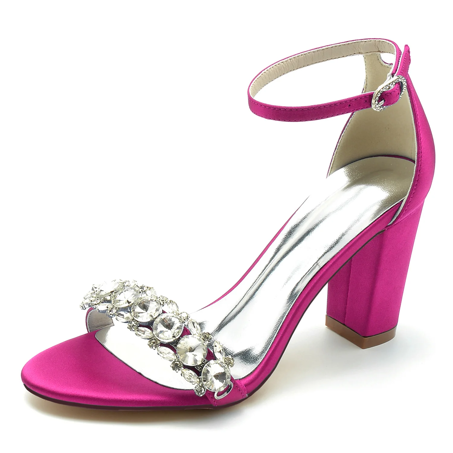 Women's Wedding Shoes Silk Satin Rhinestone Peep Toe Chunky Ankle Strap Bridal Shoes - Image 12