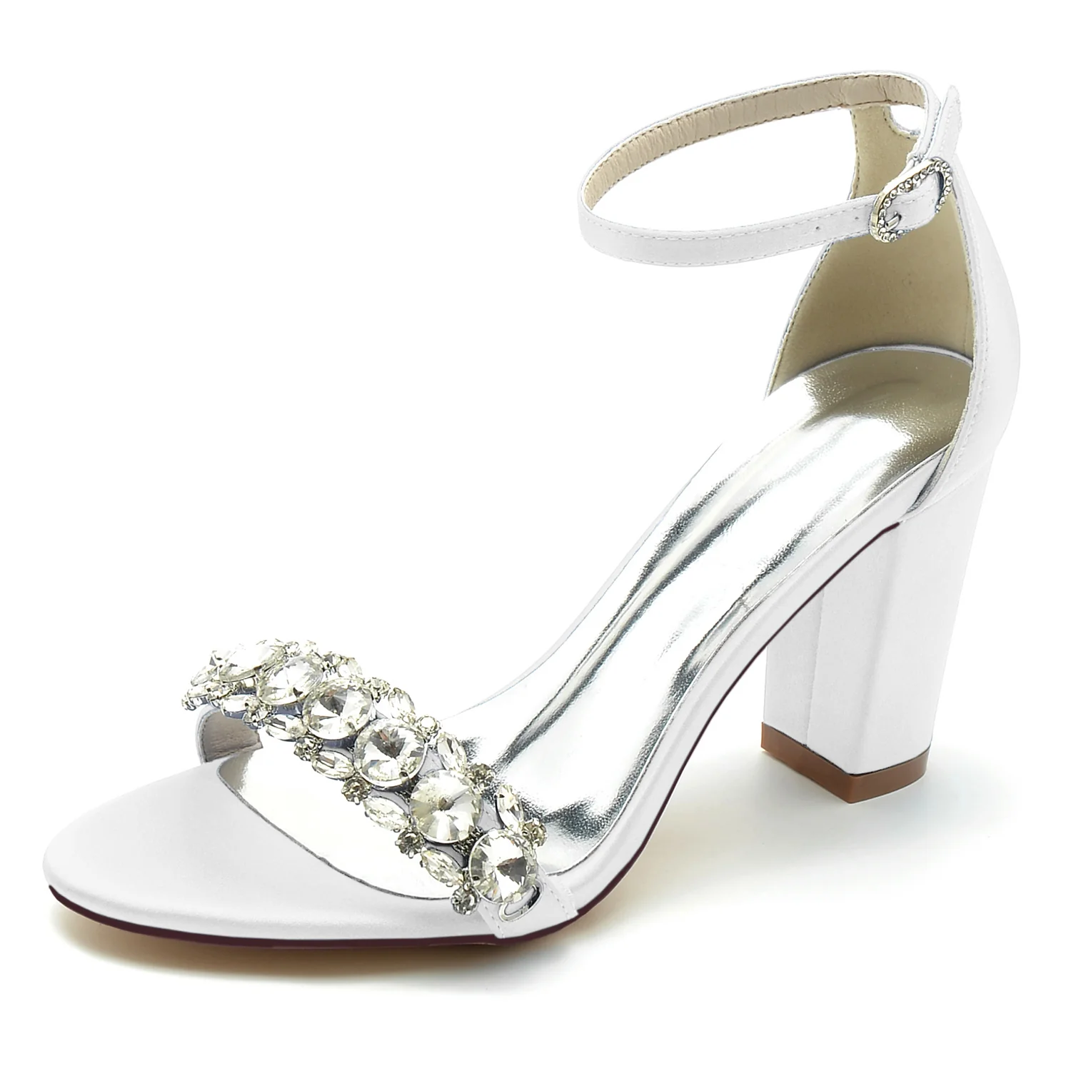 Women's Wedding Shoes Silk Satin Rhinestone Peep Toe Chunky Ankle Strap Bridal Shoes - Image 9