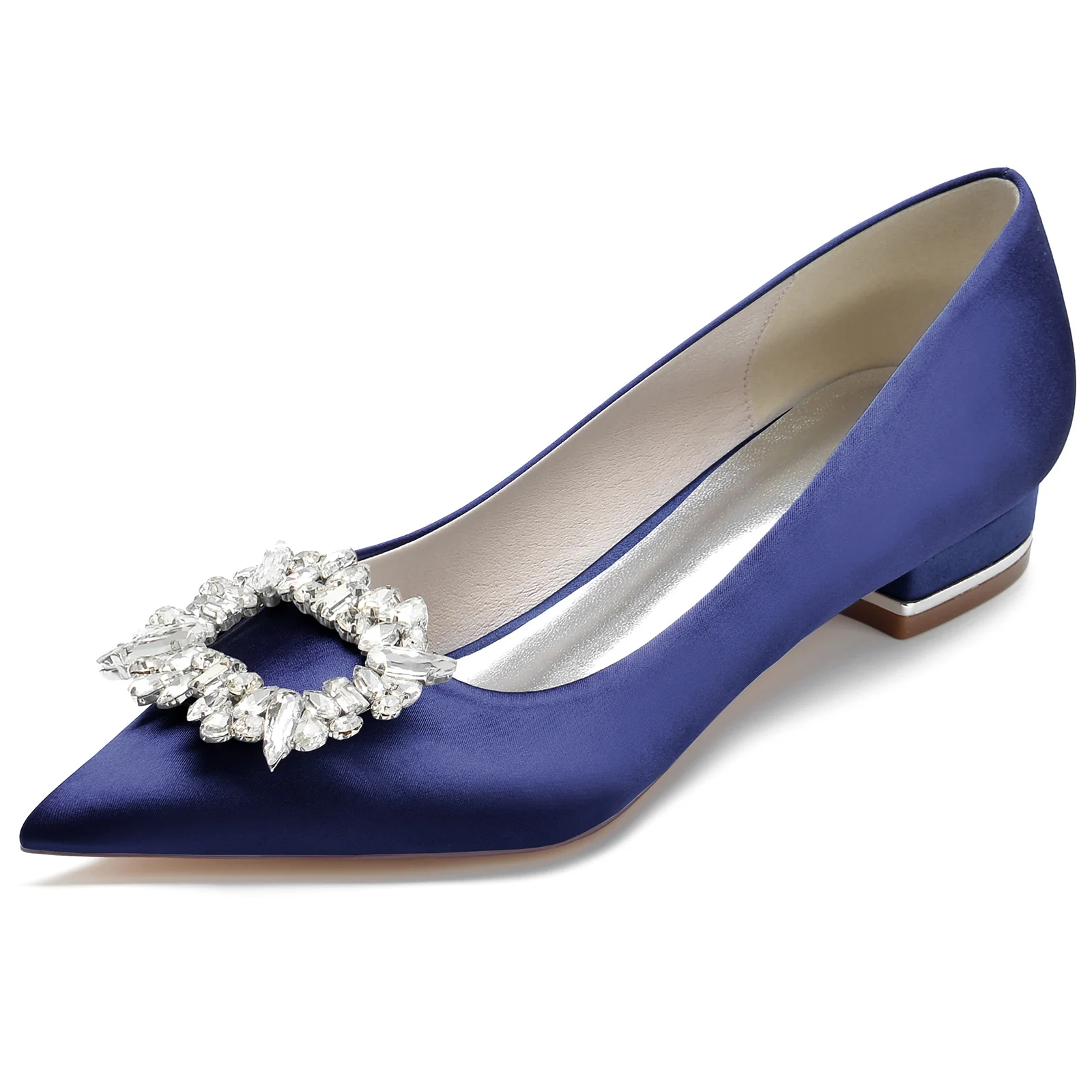 Women's Wedding Shoes Silk Satin Square Rhinestone Low Pointed Toe Bridal Shoes - Image 7