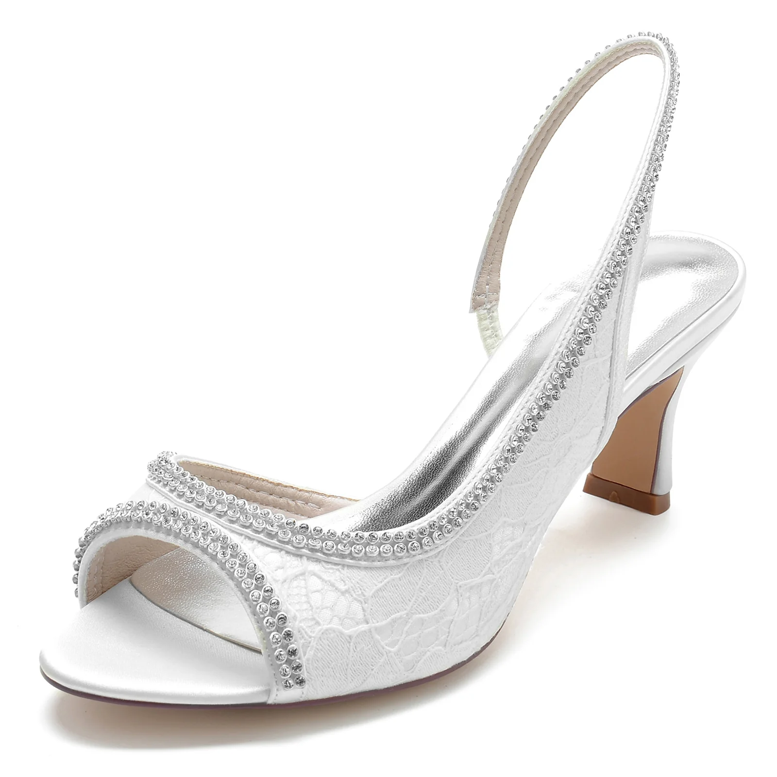 Women's Wedding Shoes Silk Stain Lace Rhinestone Mid Peep Toe Buckle Bridal Shoes - Image 2
