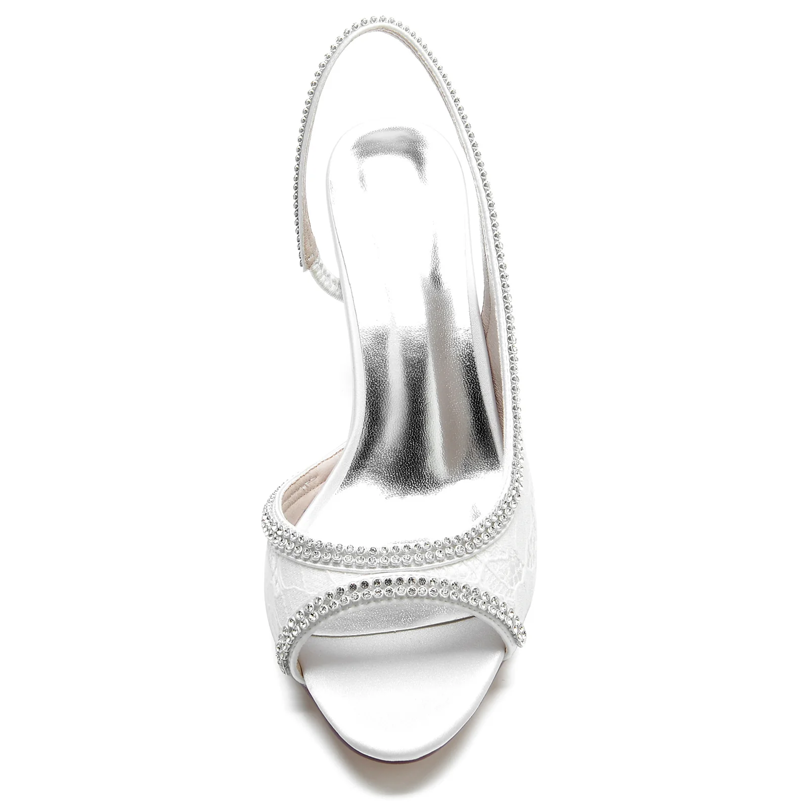 Women's Wedding Shoes Silk Stain Lace Rhinestone Mid Peep Toe Buckle Bridal Shoes - Image 5