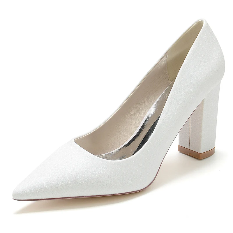 Women's Wedding Shoes Silver Pointed Toe Block Heel Minimalist Bridal Shoes - Image 2
