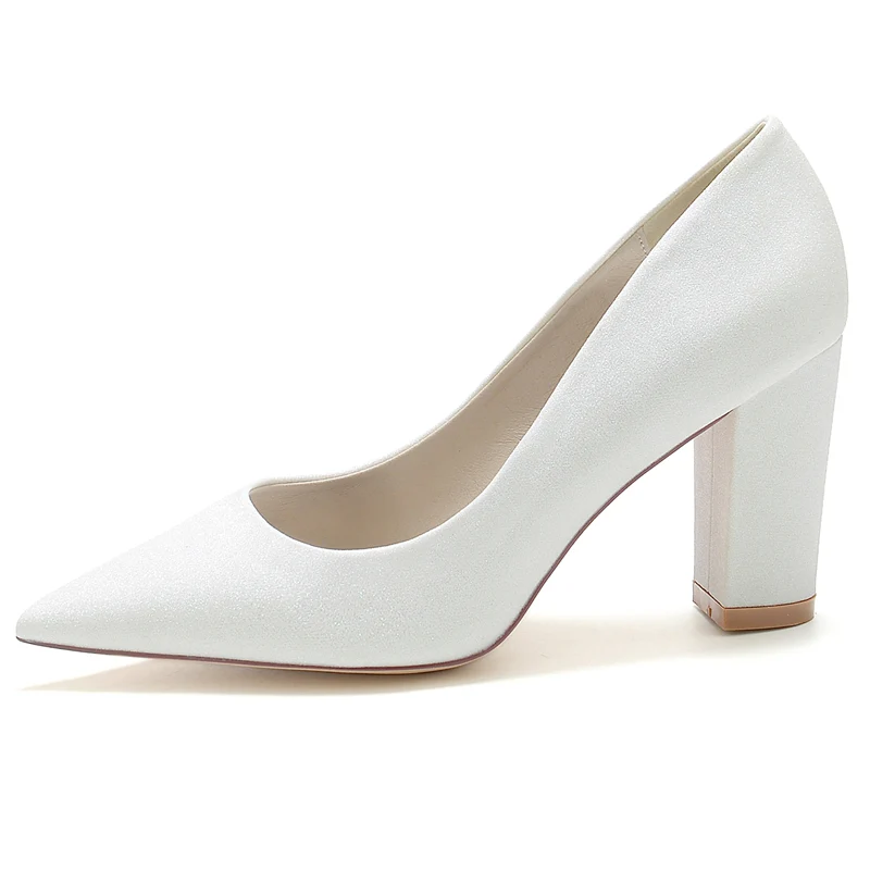Women's Wedding Shoes Silver Pointed Toe Block Heel Minimalist Bridal Shoes - Image 4