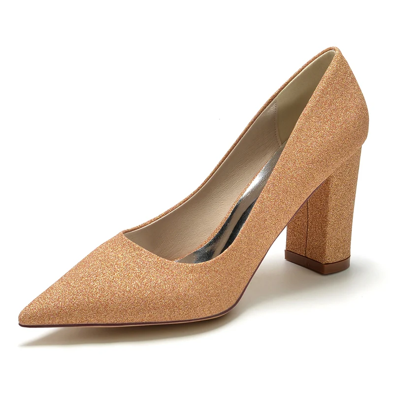 Women's Wedding Shoes Silver Pointed Toe Block Heel Minimalist Bridal Shoes - Image 6