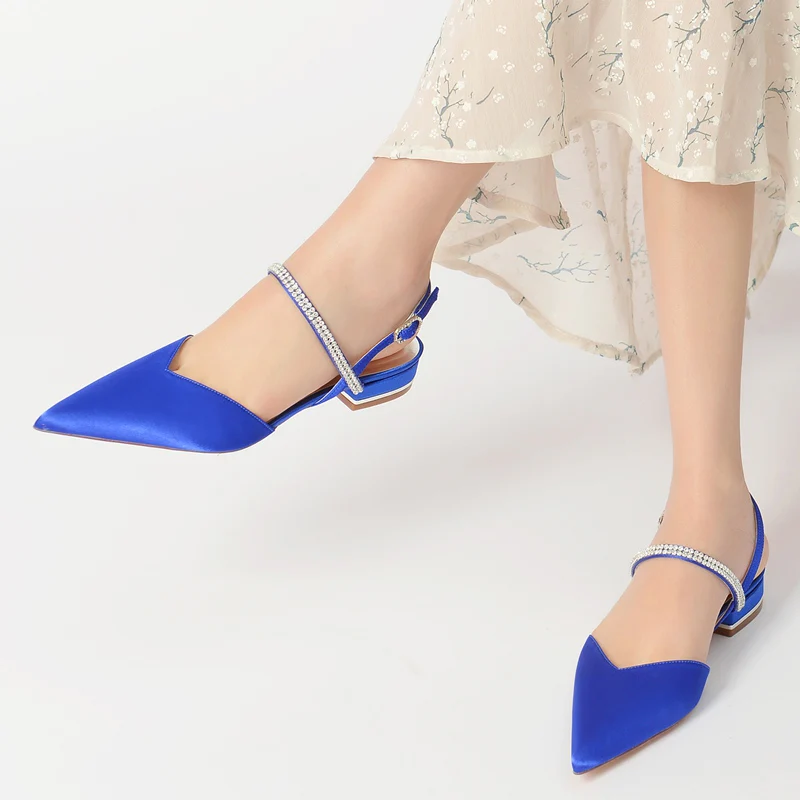 Women's Wedding Shoes Simple Crystal Pointed Toe Low Heel Buckle Bridal Shoes - Image 6