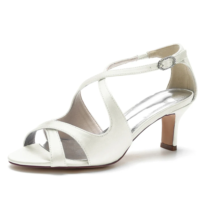 Women's Wedding Shoes Simple Open Toe Mid Heel Crossed Straps Buckle Bridal Shoes - Image 8