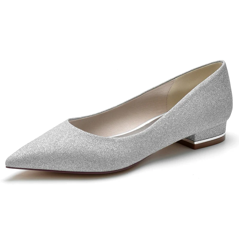 Women's Wedding Shoes Simple Sparkling Pointed Toe Flat Heel Bridal Shoes - Image 5