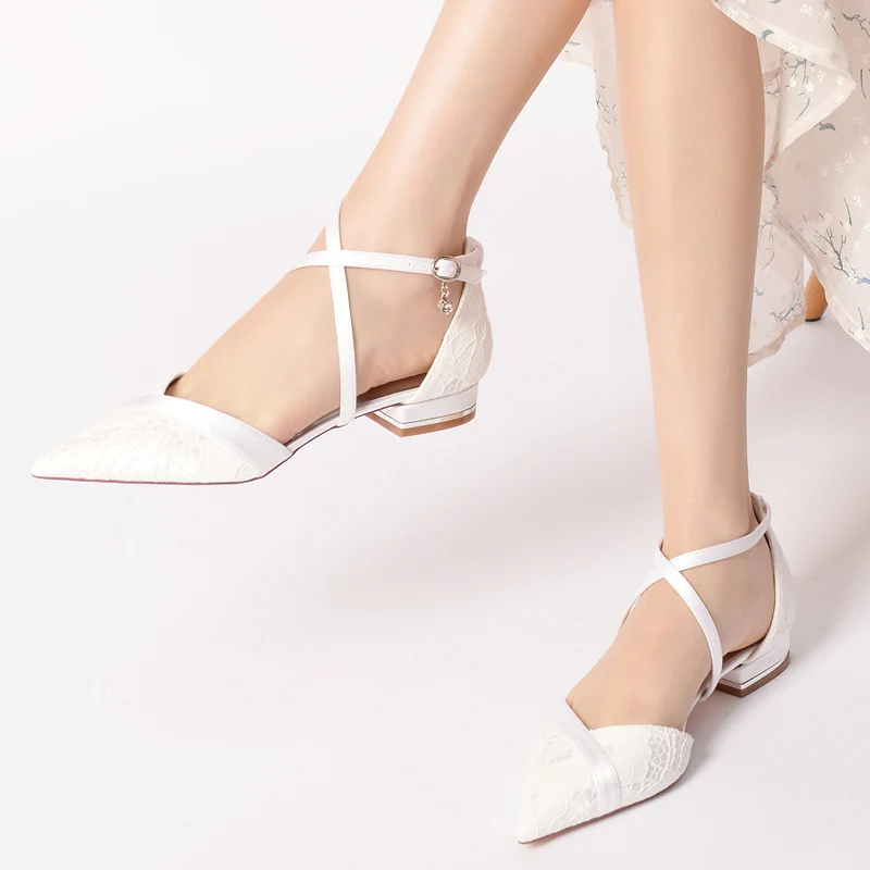 Women's Wedding Shoes Stylish Pointed Toe Low Heel Crossed Straps Bridal Shoes with Lace Appliques - Image 2