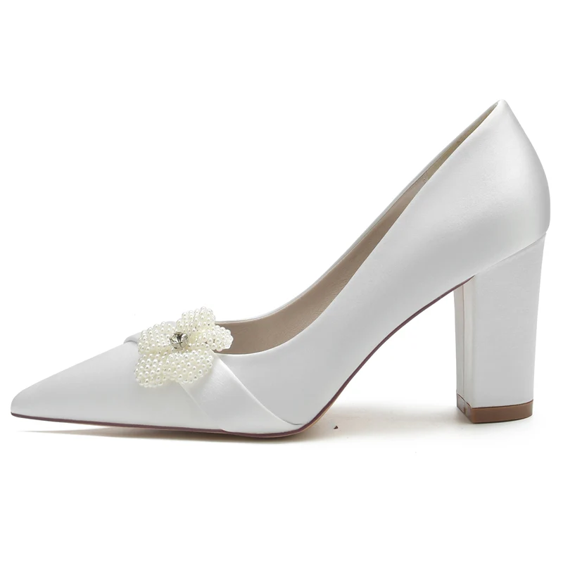 Women's Wedding Shoes White Closed Toe Block Heel Bridal Shoes with Pearl Flower - Image 3