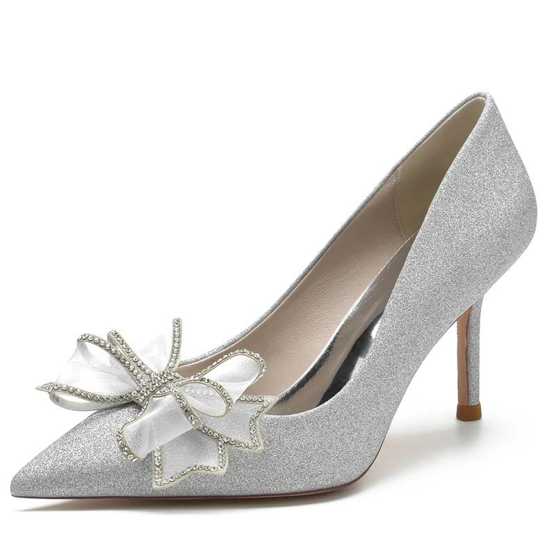 Women's Wedding Shoes White Closed Toe High Heel Bridal Shoes with Bow & Rhinestone - Image 5