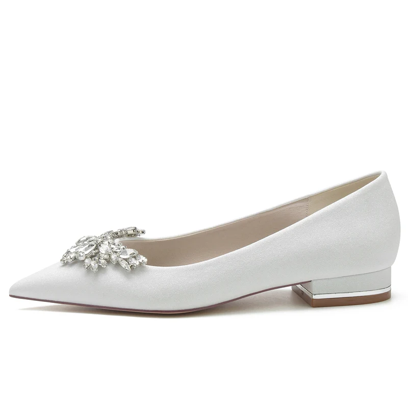 Women's Wedding Shoes White Closed Toe Low Heel Classic Bridal Shoes with Delicate Rhinestone - Image 2