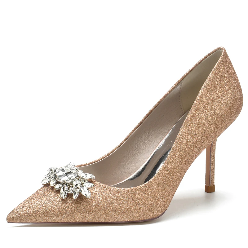 Women's Wedding Shoes White Closed Toe Sparkling Stretch Glitter Bridal Shoes with Rhinestone - Image 6