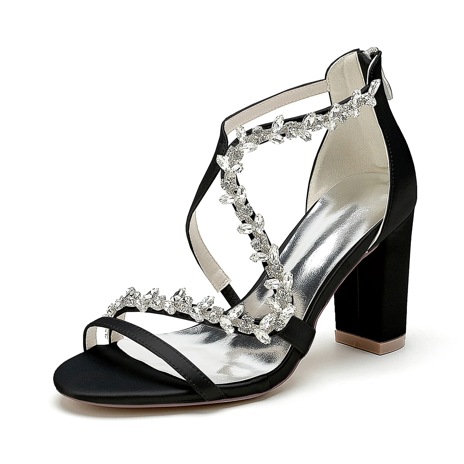 Women's Wedding Shoes White Crossed Rhinestone Open Toe Chunky Heel Bridal Shoes - Image 8