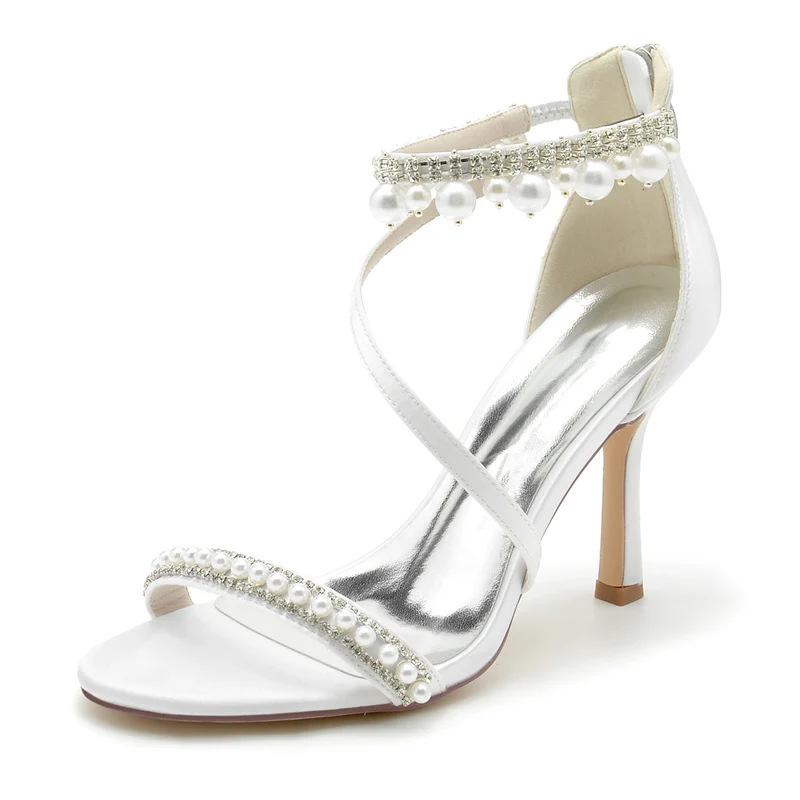 Women's Wedding Shoes White Opened Toe Crossed Strap Exquisite Buckle Bridal Shoes with Pearl - Image 2