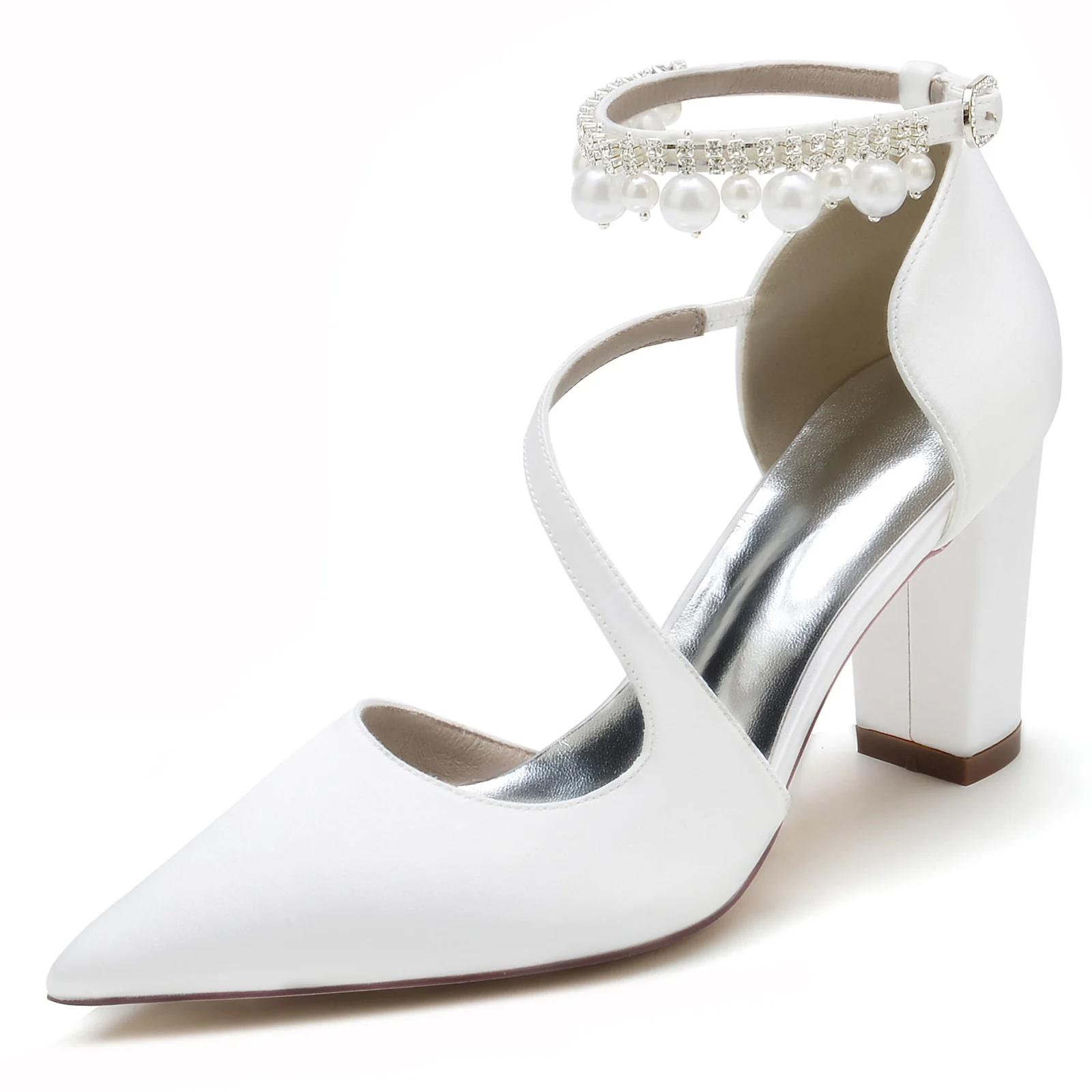 Women's Wedding Shoes White Pearl Block Pointed Toe Buckle Bridal Shoes - Image 2