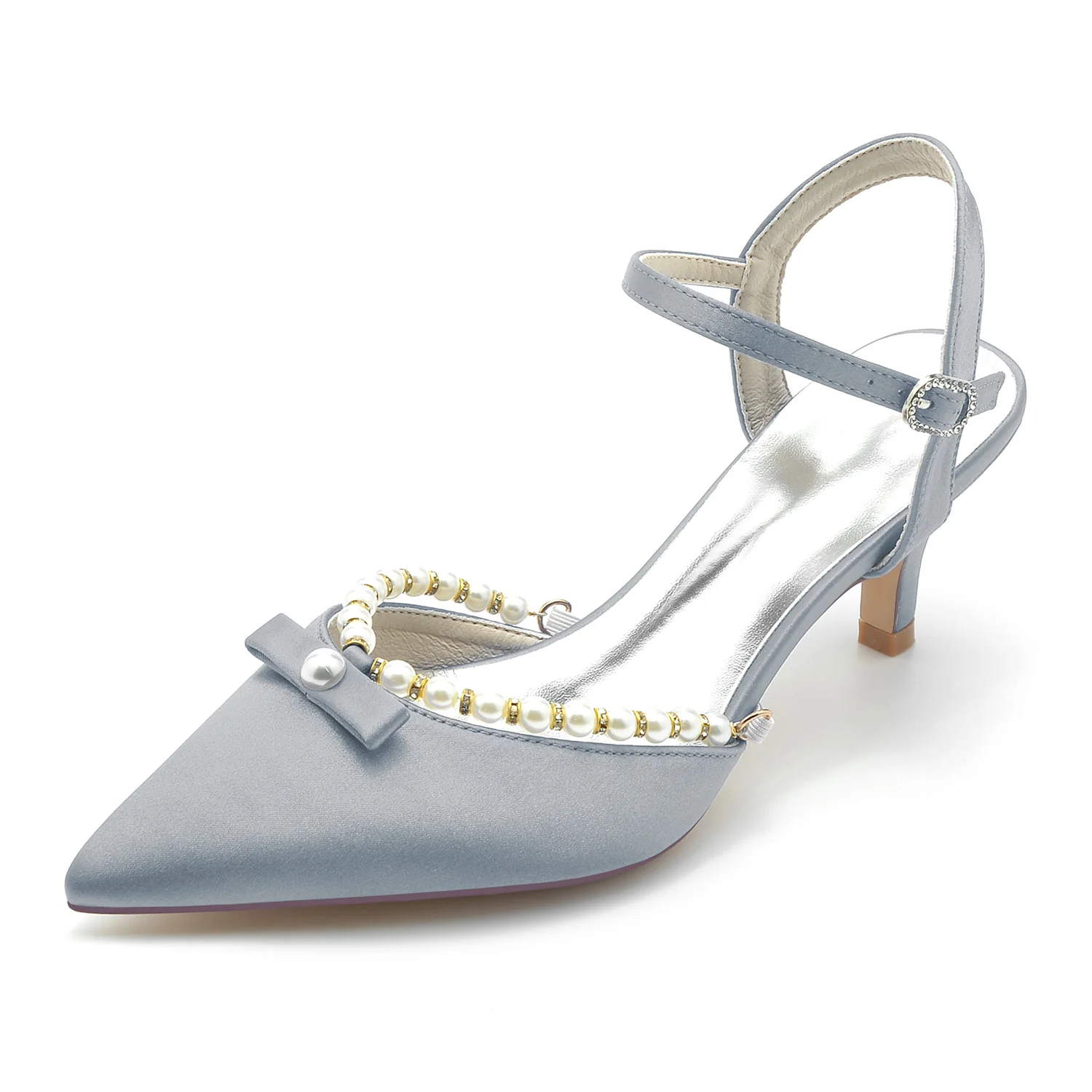 Women's Wedding Shoes White Pearl Pointed Toe Mid Buckle Bridal Shoes - Image 3