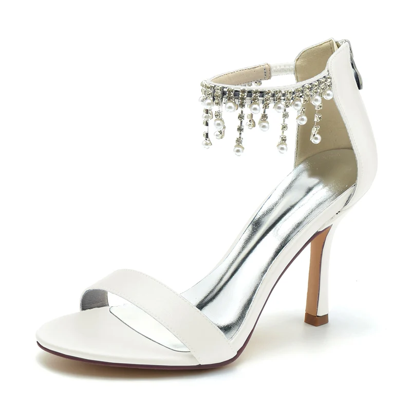 Women's Wedding Shoes White Peep Toe High Heel Buckle Bridal Shoes with Pearl Tassel - Image 8