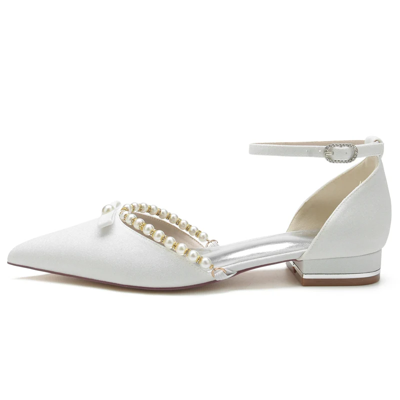 Women's Wedding Shoes White Point Toe Low Heel Buckle Bridal Shoes with Pearl & Bowknot - Image 2