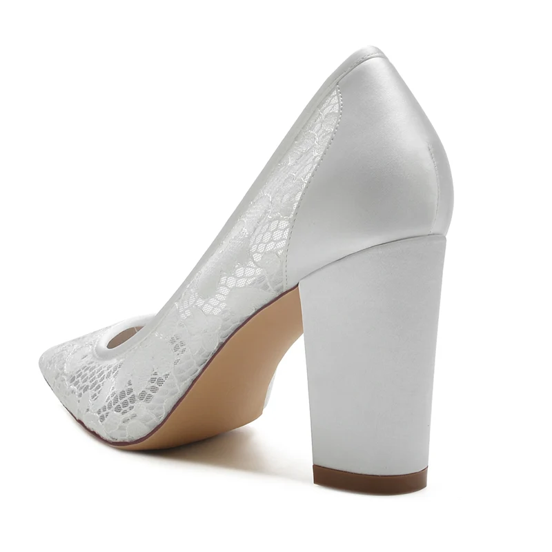 Women's Wedding Shoes White Pointed Toe Block Heel Lace Tulle Elegant Bridal Shoes - Image 4