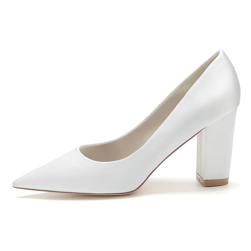 Women's Wedding Shoes White Pointed Toe Block Heel Simple Elegant Bridal Shoes - Image 3