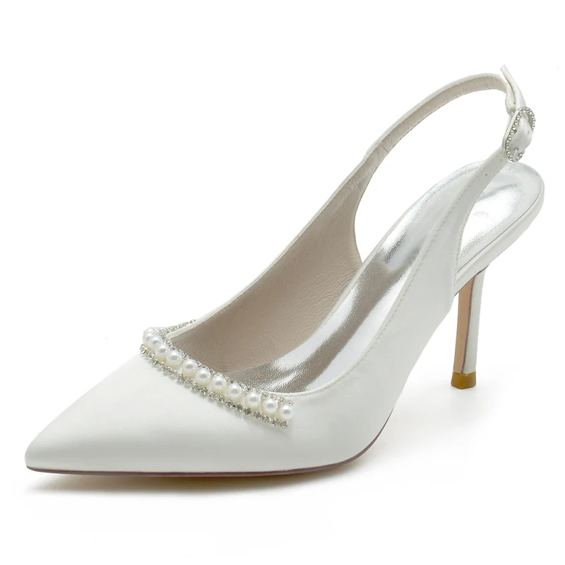 Women's Wedding Shoes White Pointed Toe High Heel Buckle Bridal Shoes with Pearl