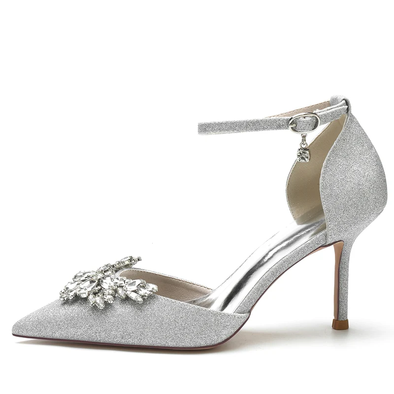 Women's Wedding Shoes White Pointed Toe Sparkling Buckle Bridal Shoes with Rhinestone - Image 4