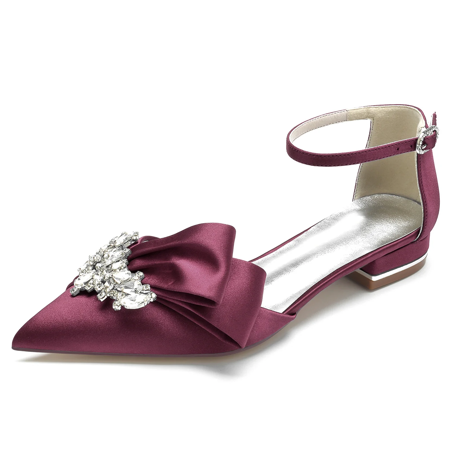 Women's Wedding Shoes White Rhinestone Silk Satin Bow Low Pointed Toe Bridal Shoes - Image 7