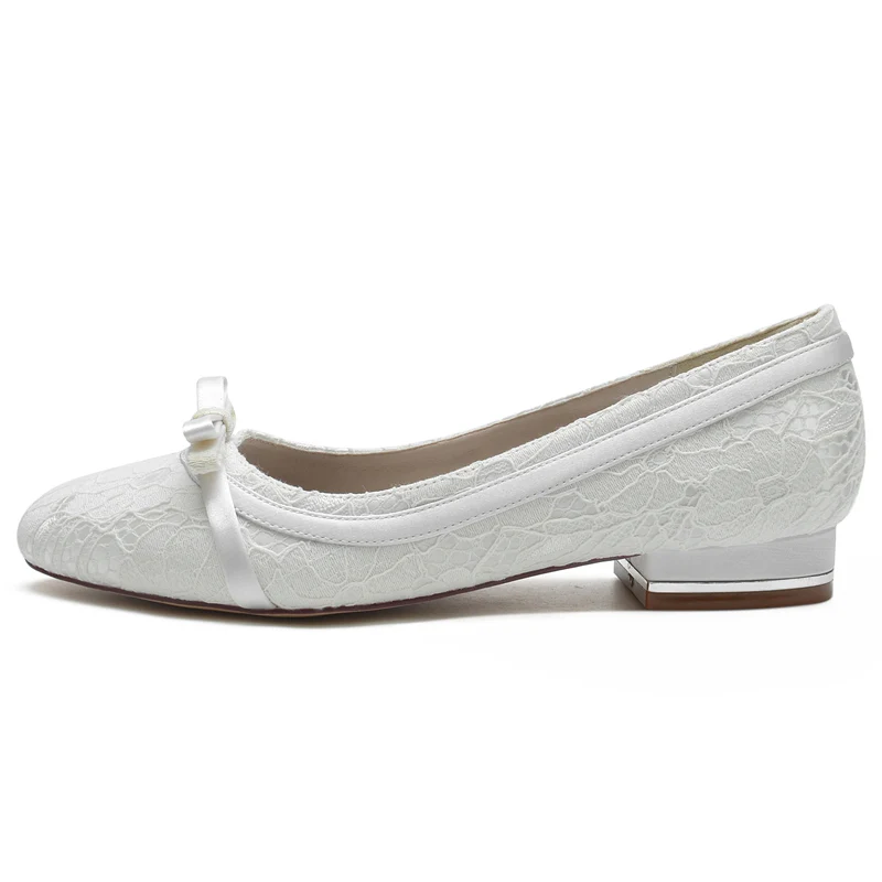 Women's Wedding Shoes White Round Toe Flat Heel Bowknot Elegant Bridal Shoes - Image 3