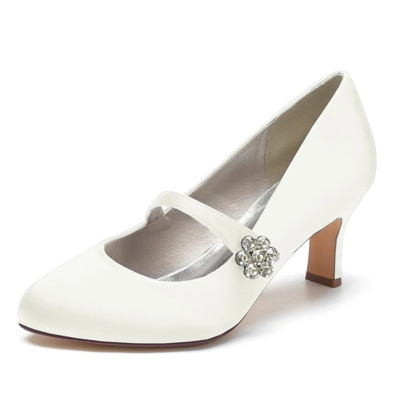 Women's Wedding Shoes White Round Toe Mid Heel Simple Bridal Shoes - Image 8