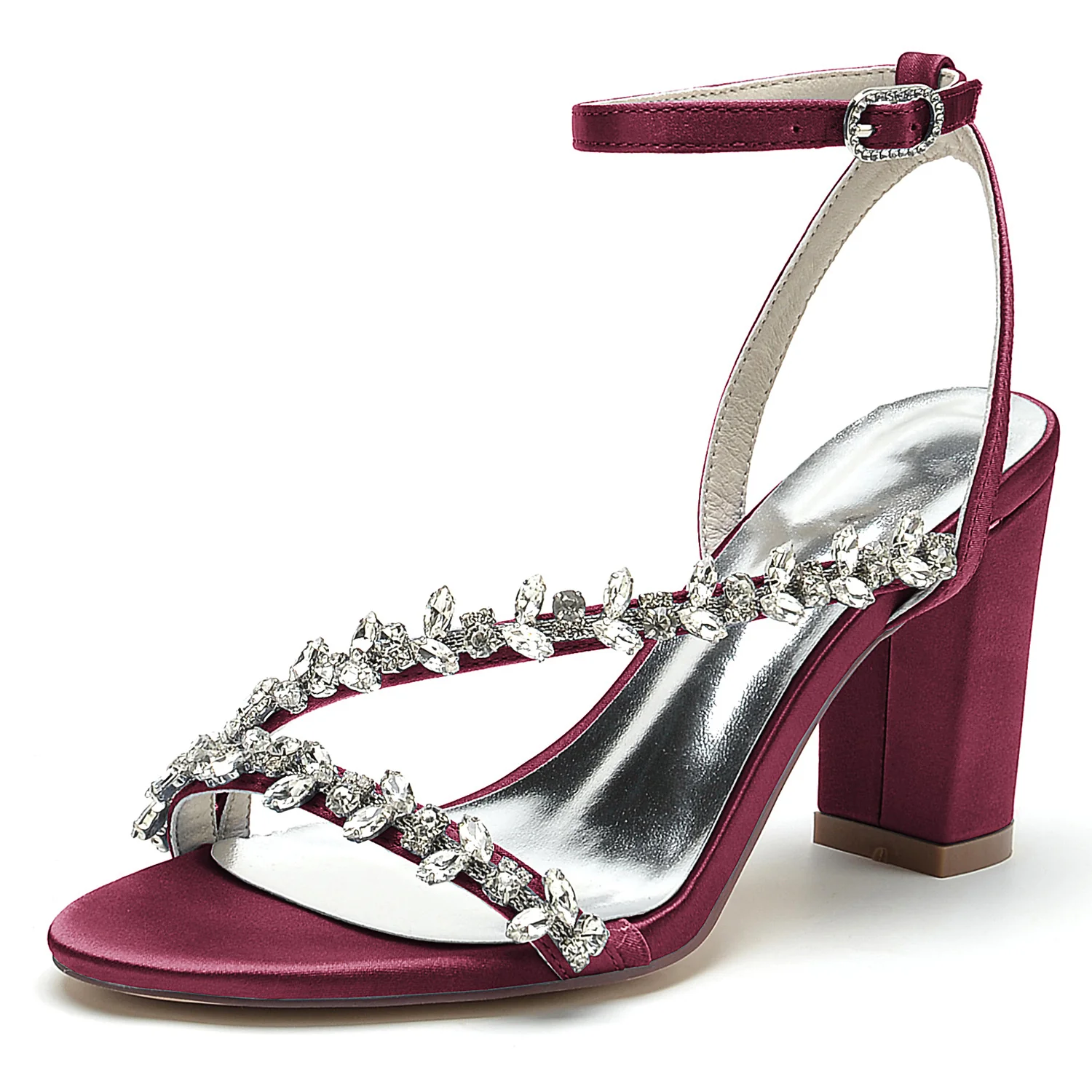 Women's Wedding Shoes White Strappy Rhinestone Opened Toe Block Heel Bridal Shoes - Image 12
