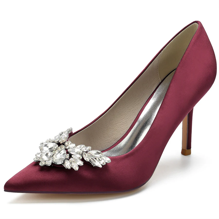 Women's Wedding Silk Satin Pointed Toe High Heel Bridal Shoes with Rhinestones - Image 7