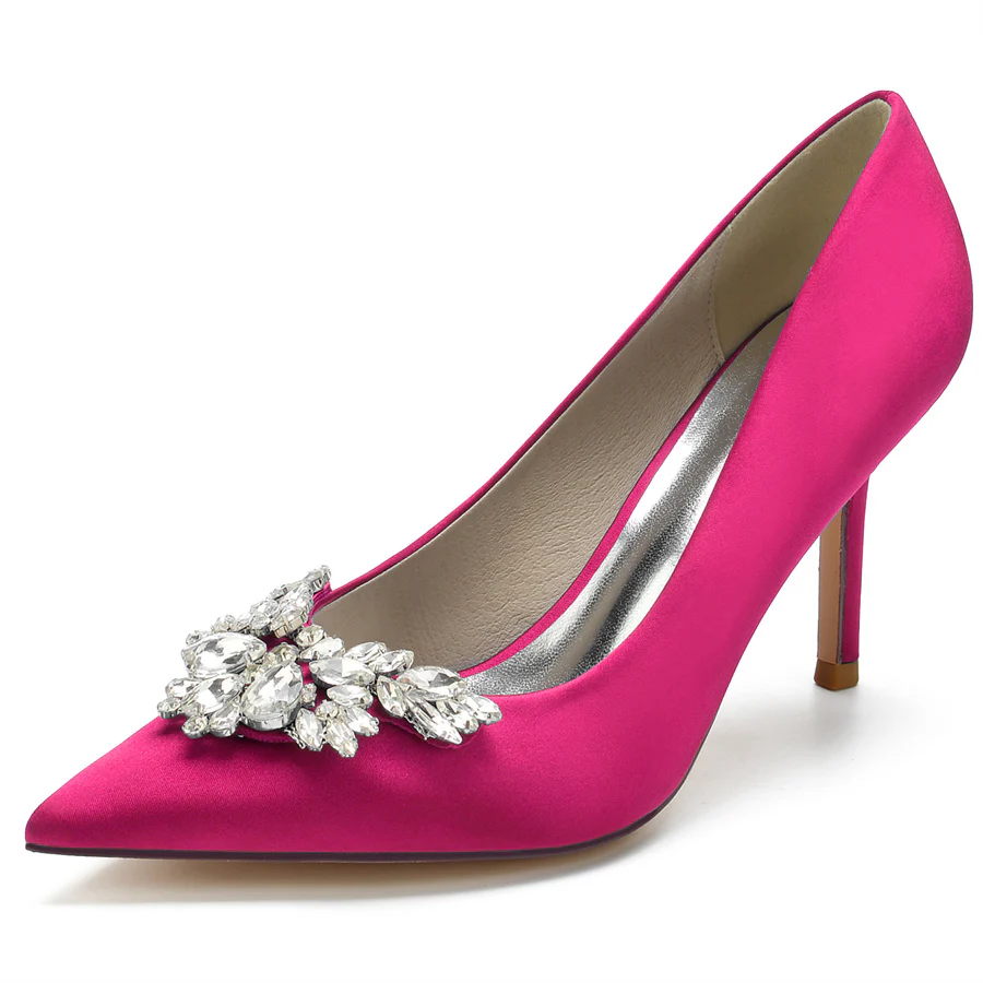 Women's Wedding Silk Satin Pointed Toe High Heel Bridal Shoes with Rhinestones - Image 9
