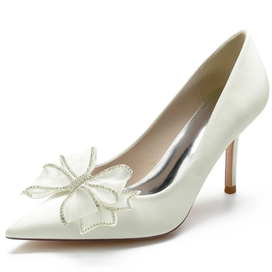 Women's Wedding Silk Satin Pointed Toe Stiletto Heel Bridal Shoes with Crystal Bow - Image 4