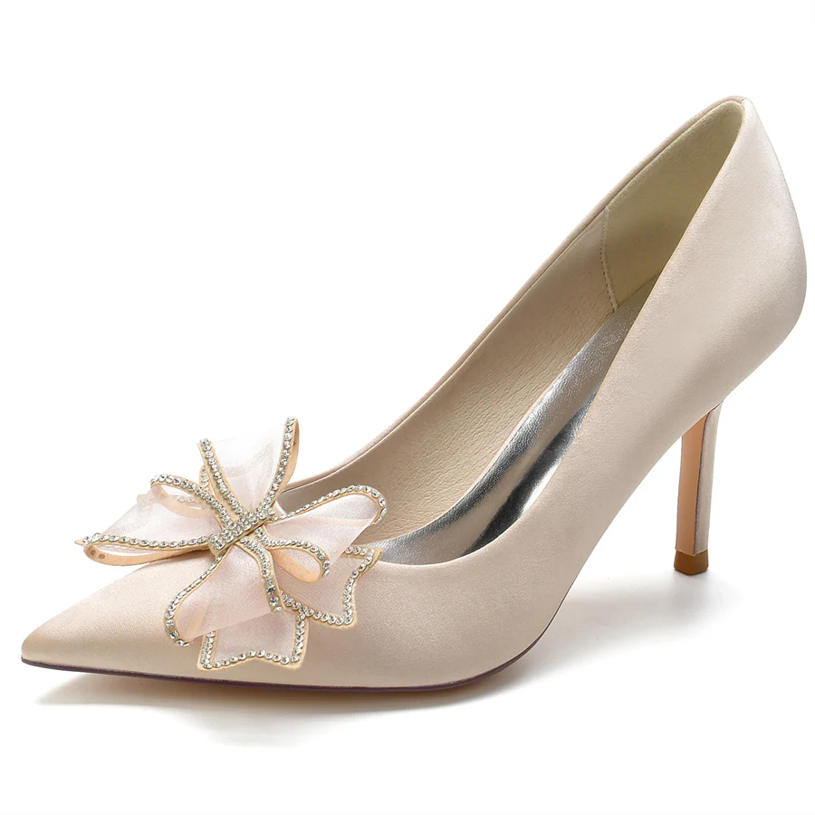 Women's Wedding Silk Satin Pointed Toe Stiletto Heel Bridal Shoes with Crystal Bow - Image 8