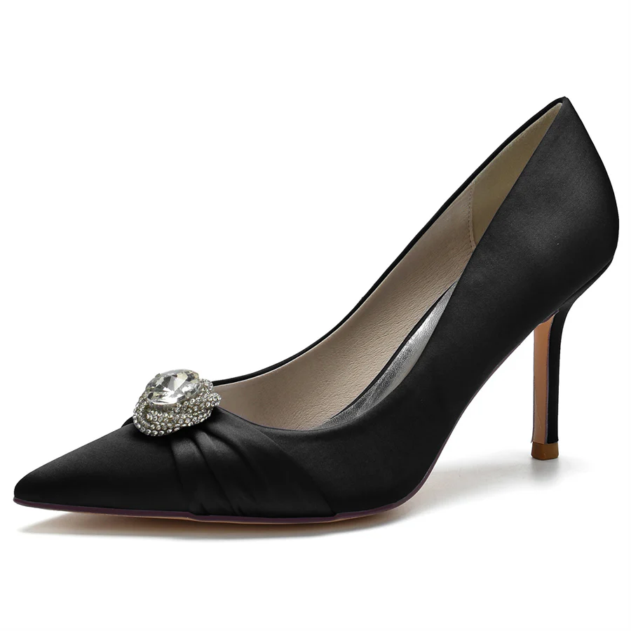 Women's Wedding Silk Satin Stiletto Heel Pointed Toe Bridal Shoes with Big Crystal - Image 7