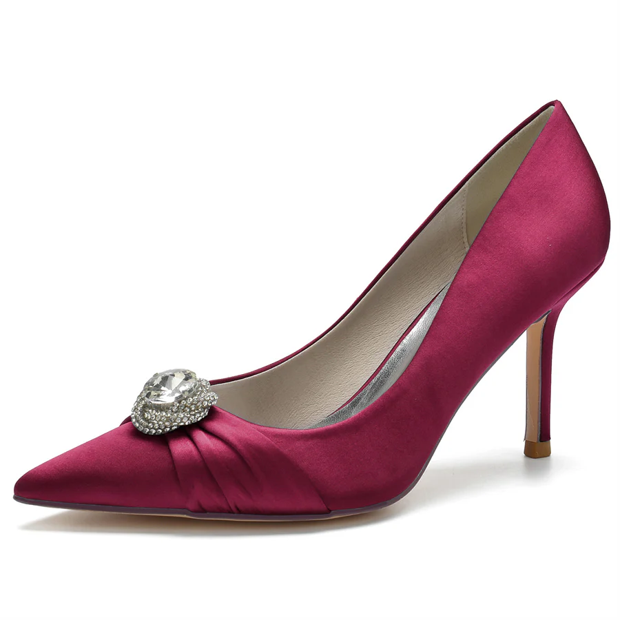 Women's Wedding Silk Satin Stiletto Heel Pointed Toe Bridal Shoes with Big Crystal - Image 8